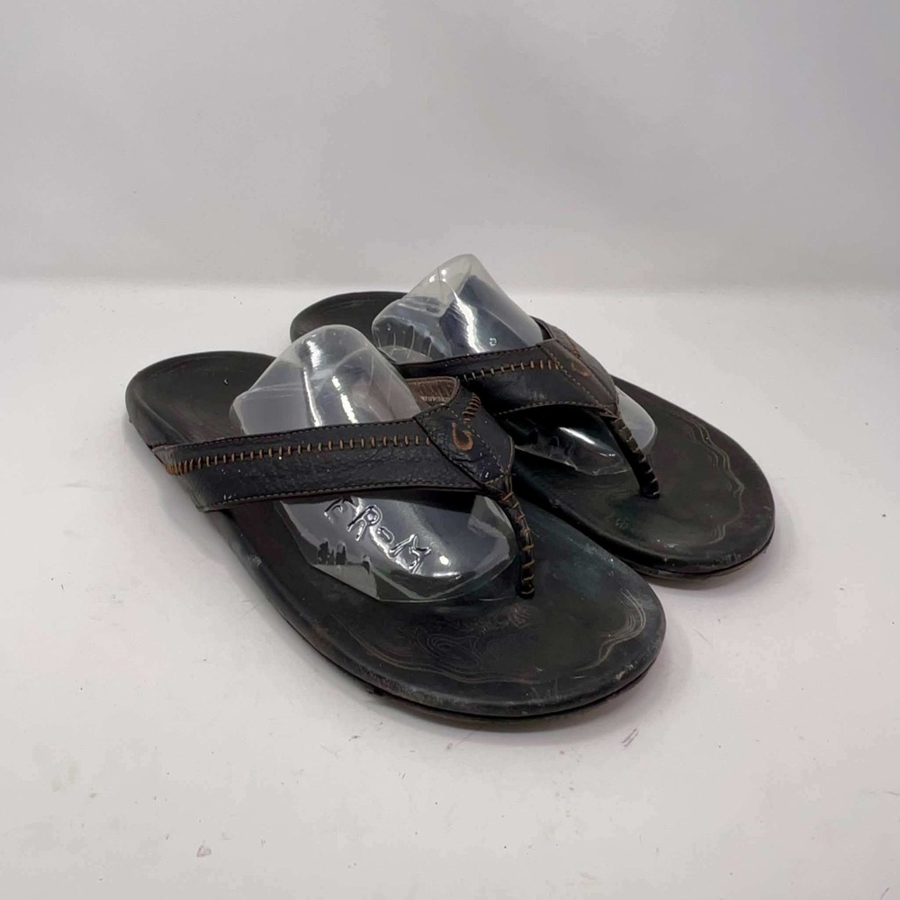 Olukai Hiapo Dark Java Brown Leather Flip Flop Sandals Mens Size 13 10101-4040